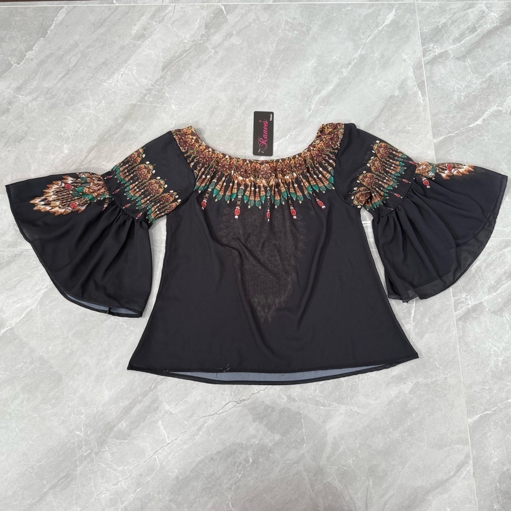 Women’s Ranee’s Miami Beaded Flare Sleeve Sheer Off The Shoulder Top Medium - Picture 10 of 16